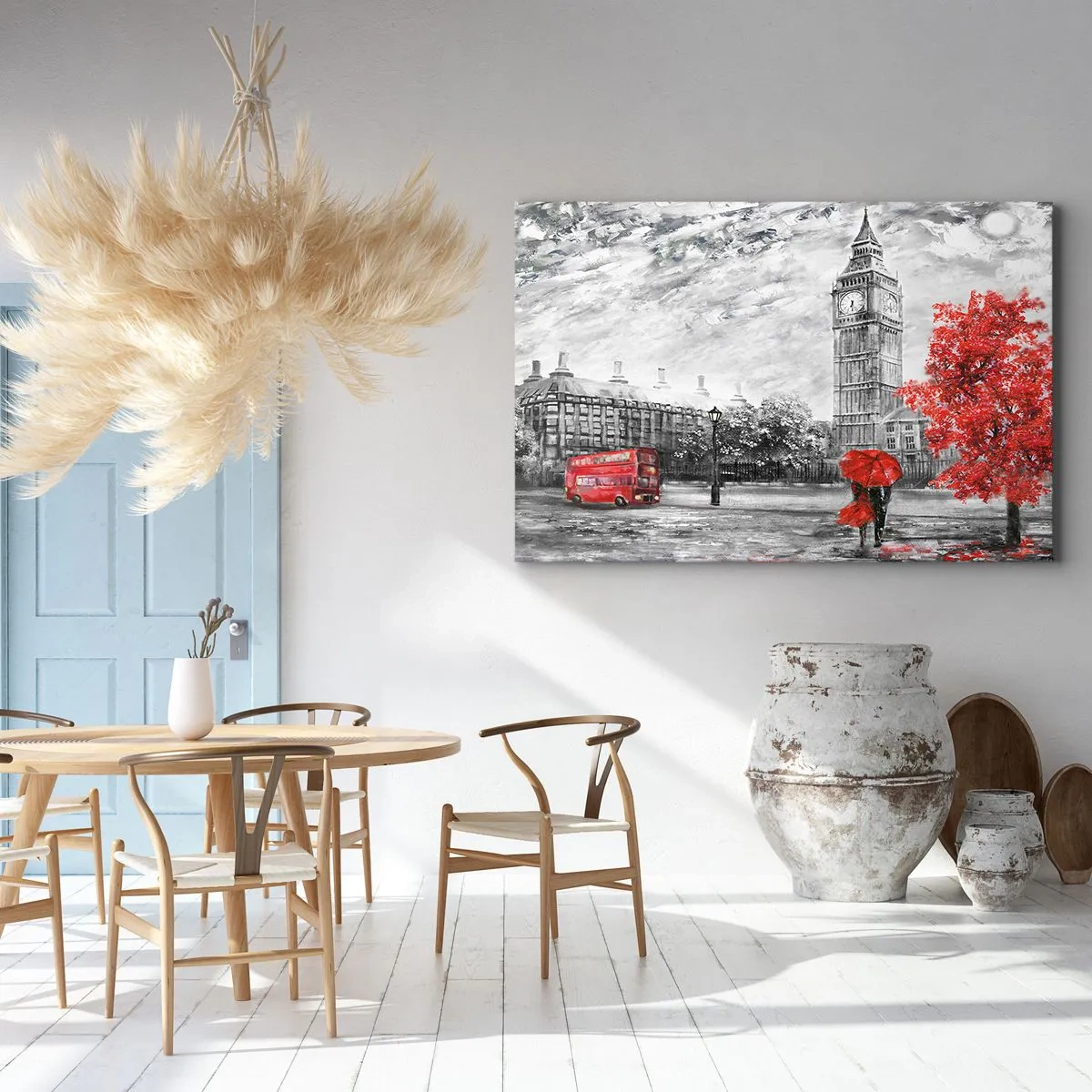 Canvas picture - Iconic view of London with Big Ben, a red bus and an umbrella - 70x50cm - Exciting Day - Modern wall decoration for the living room and bedroom ARTTOR