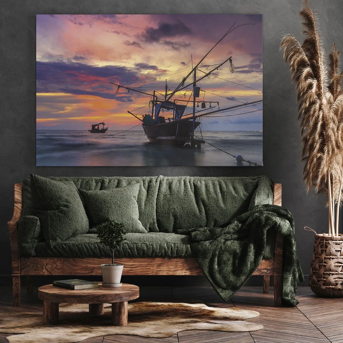 Canvas picture - fishing boat against the backdrop of a colorful sunset - 70x50cm - Exotic Evening - Modern wall decoration for the living room and bedroom ARTTOR