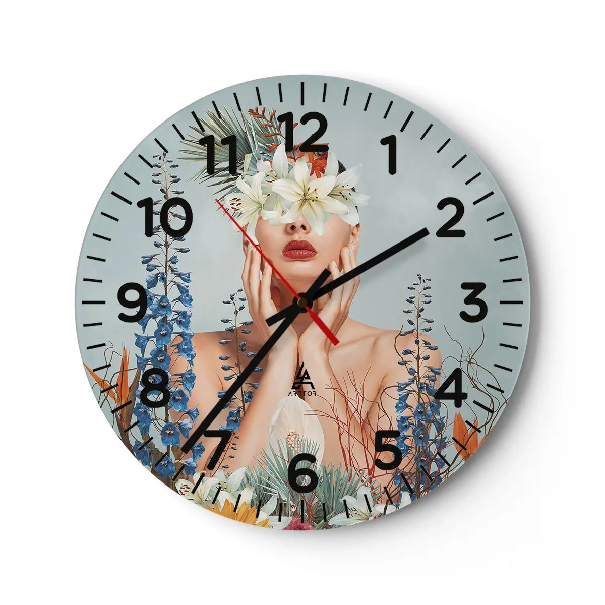 Wall clock - Clock on glass - Woman – Flower - 30x30 cm