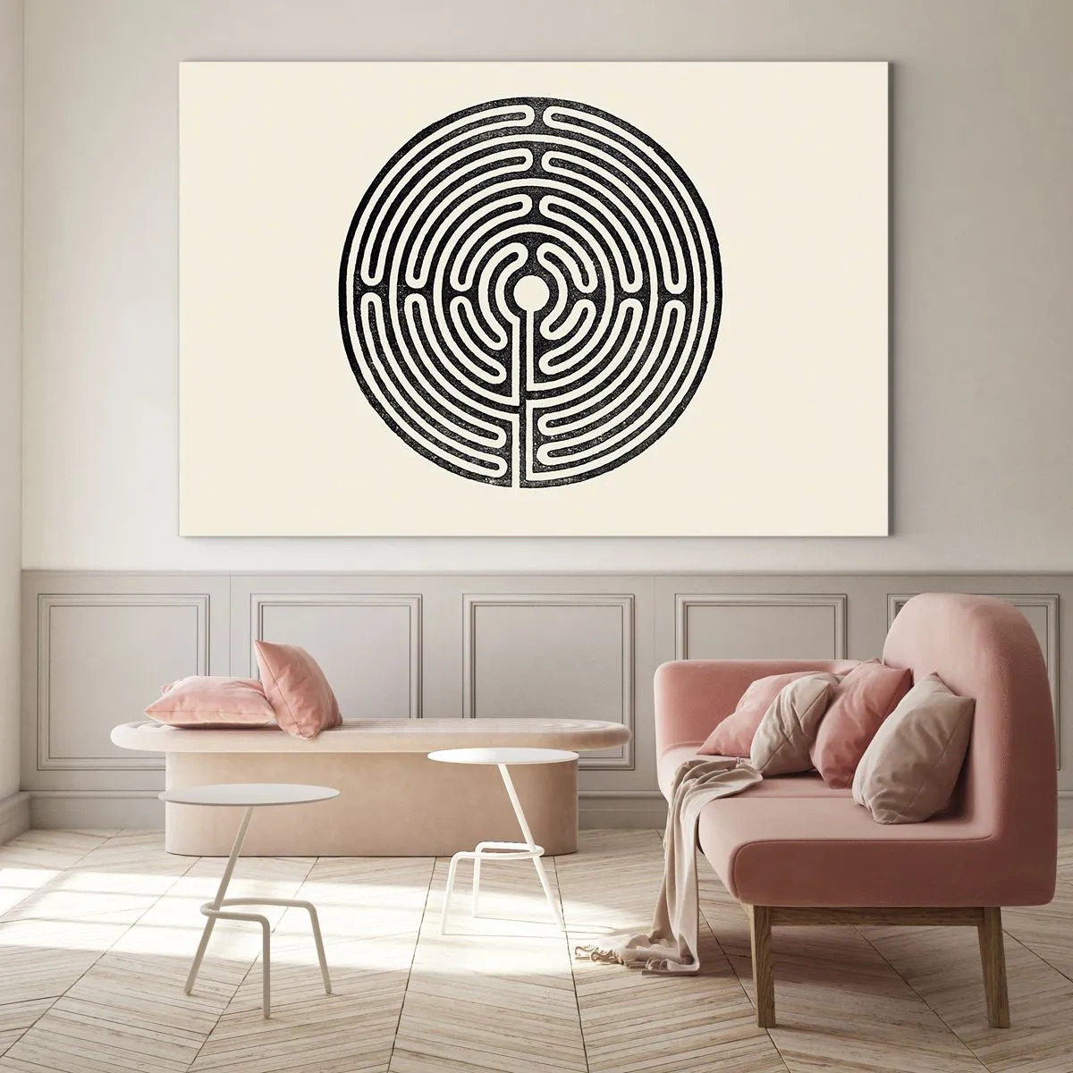 Glass picture - A black and white maze in a circular shape on a light background. - 70x50cm - Mysterious Order - Modern wall decoration for the living room and bedroom ARTTOR