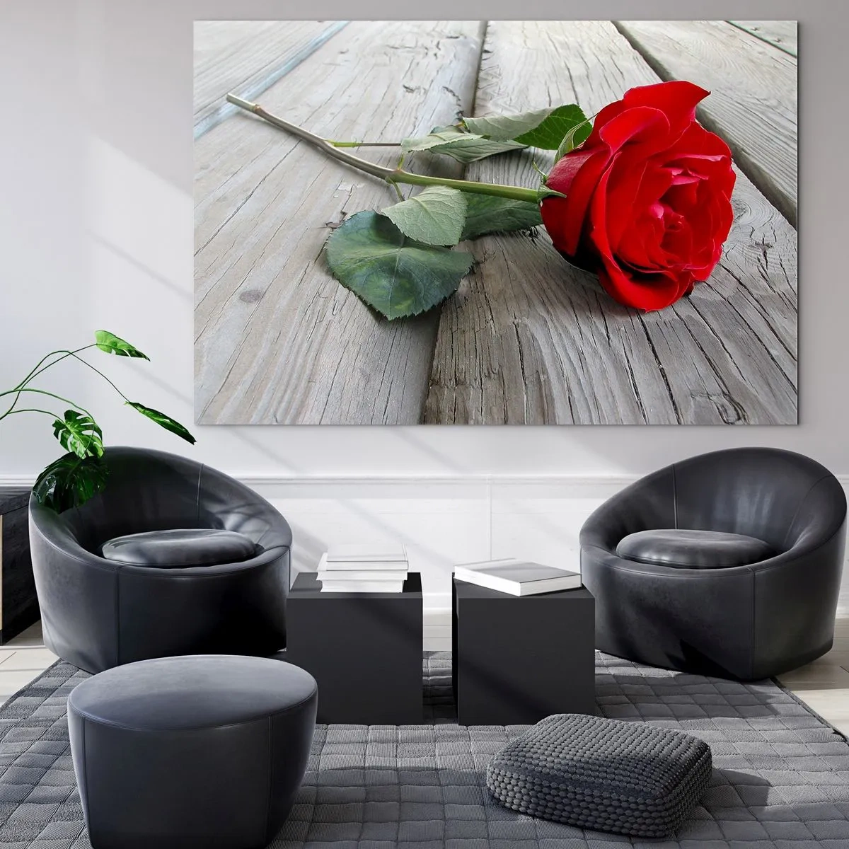 Glass picture - Red rose on a wooden board - 70x50cm - A Study in Scarlet - Modern wall decoration for the living room and bedroom ARTTOR