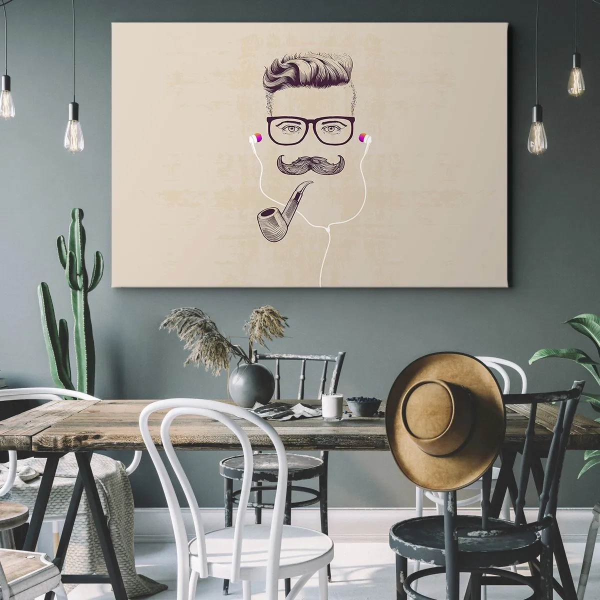 Canvas picture - Retro portrait of a man with a pipe, headphones and glasses - 70x50cm - A Real Man? - Modern wall decoration for the living room and bedroom ARTTOR
