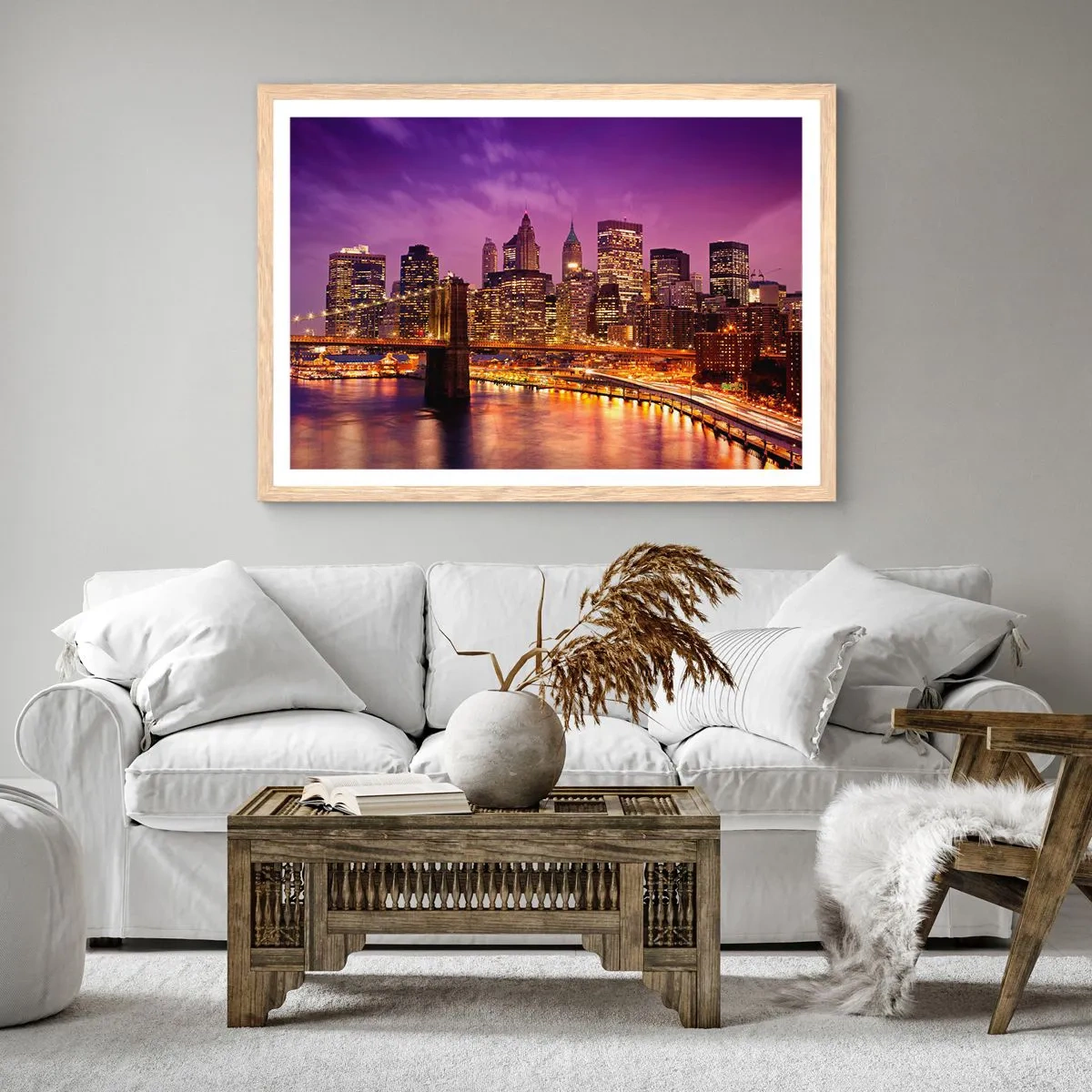 Poster in light oak frame - Violet and Gold Manhattan - 100x70 cm