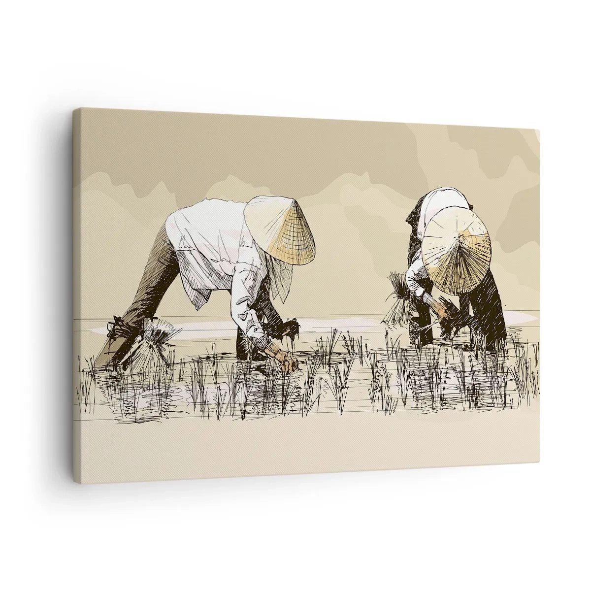 Canvas picture - Farmers working in a rice field wearing traditional headgear - 70x50cm - Good Harvest - Modern wall decoration for the living room and bedroom ARTTOR