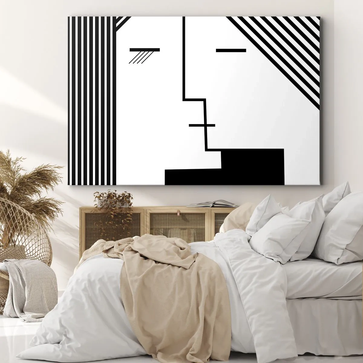 Canvas picture - Geometric abstraction of a kiss in black and white - 70x50cm - Simply a Kiss - Modern wall decoration for the living room and bedroom ARTTOR