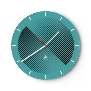 Wall clock - Clock on glass - Turquoise background with black diagonal lines in a geometric arrangement - 30x30cm - Circle - Geometrical Variation - Modern wall decoration for the living room, kitchen, and bedroom ARTTOR