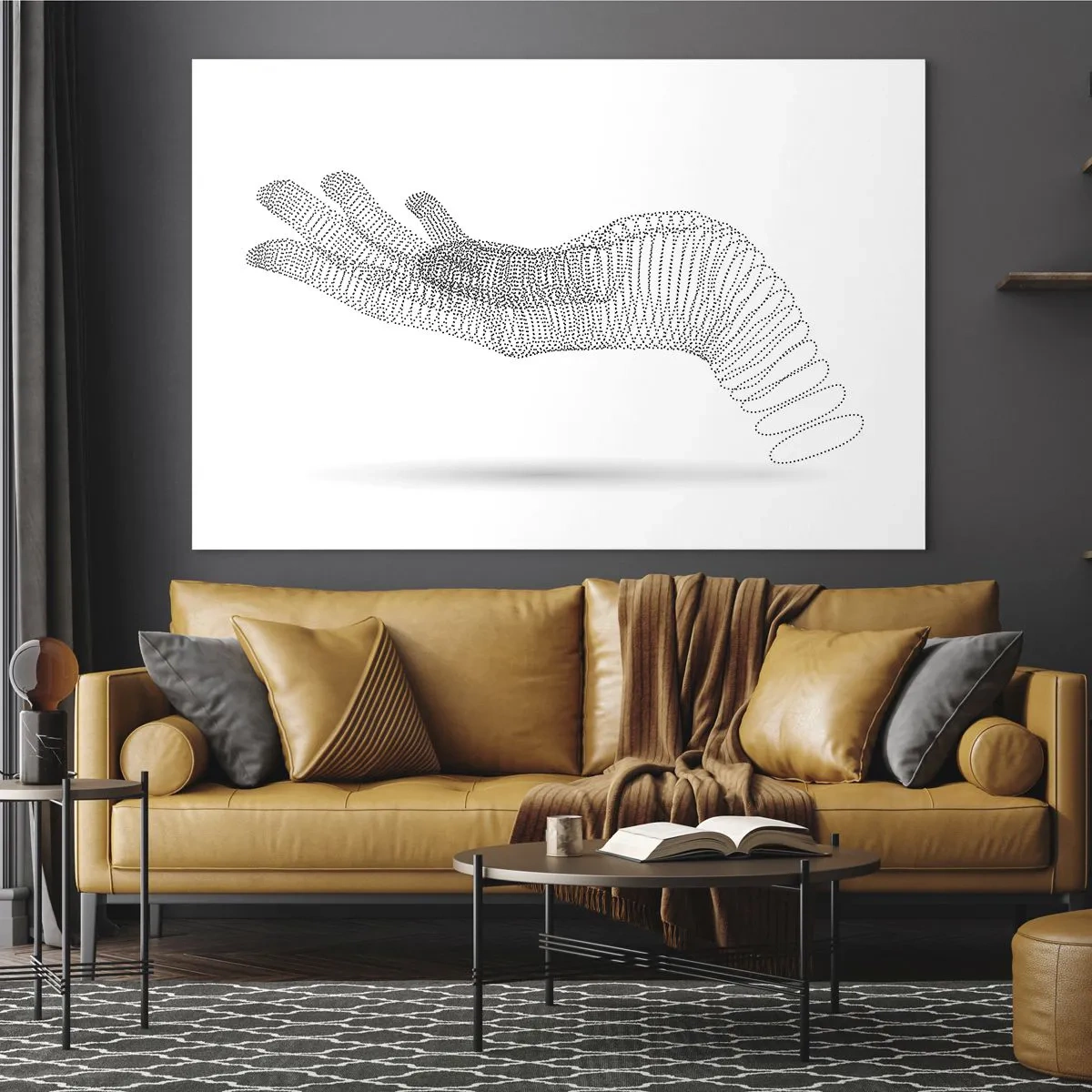 Glass picture - Minimalist graphic of a hand made of dots - 70x50cm - Springy Palm - Modern wall decoration for the living room and bedroom ARTTOR