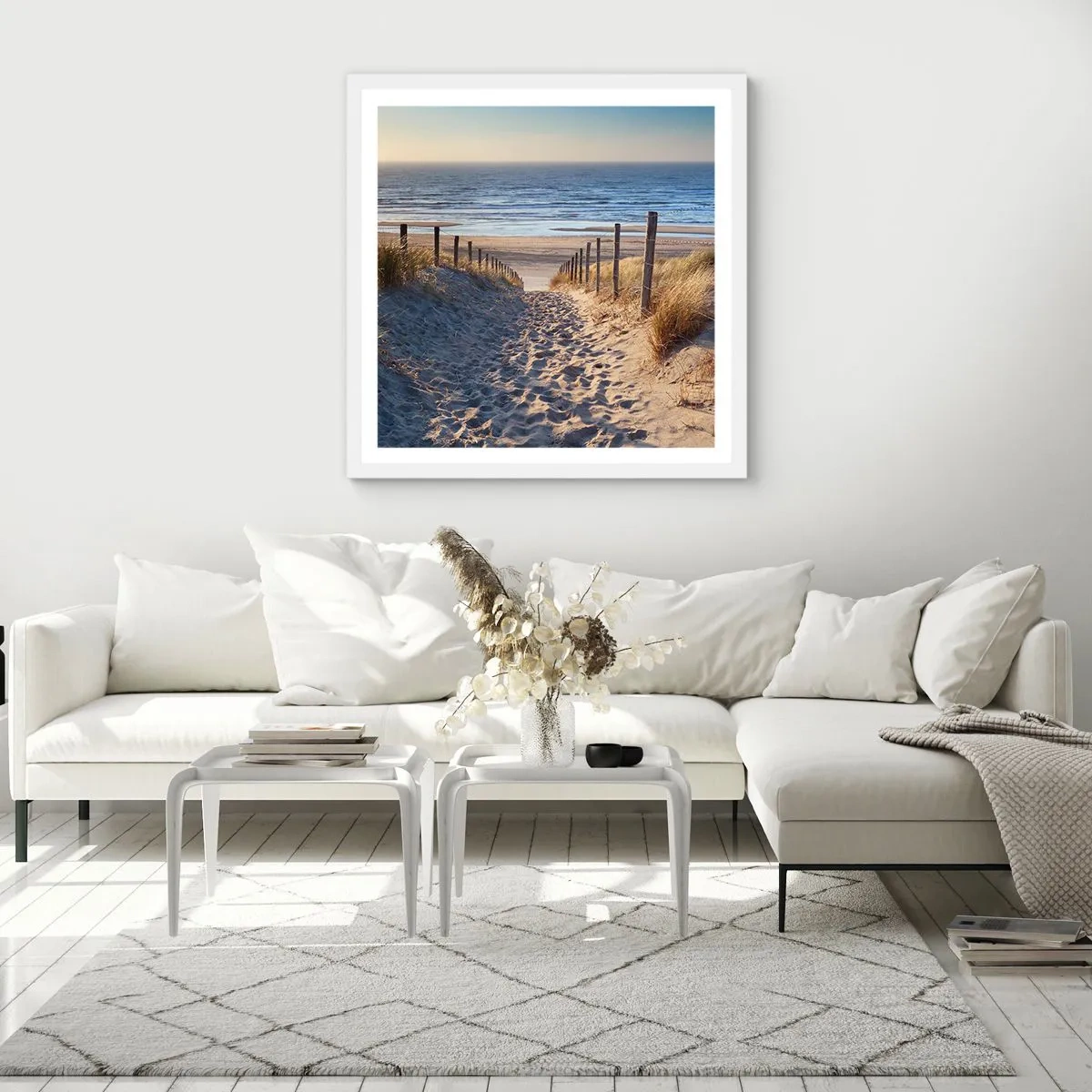 Poster in white frmae - Sound of the Sea, Singing of the Birds, Wild Beach among Grass - 50x50 cm
