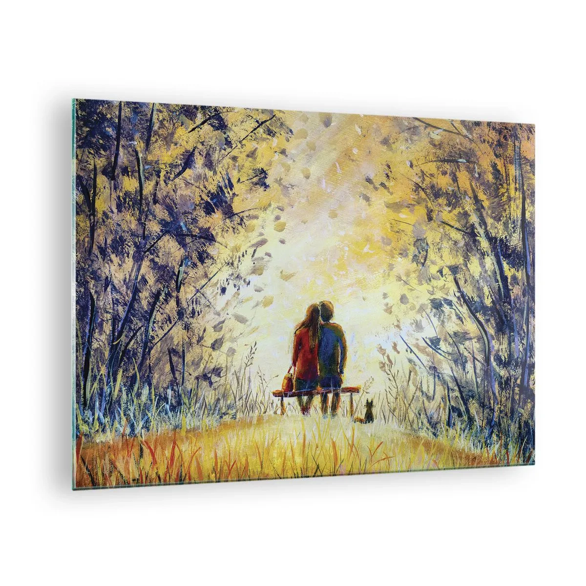 Glass picture - A couple on a bench in a magical moment - 70x50cm - Magical Moment - Modern wall decoration for the living room and bedroom ARTTOR