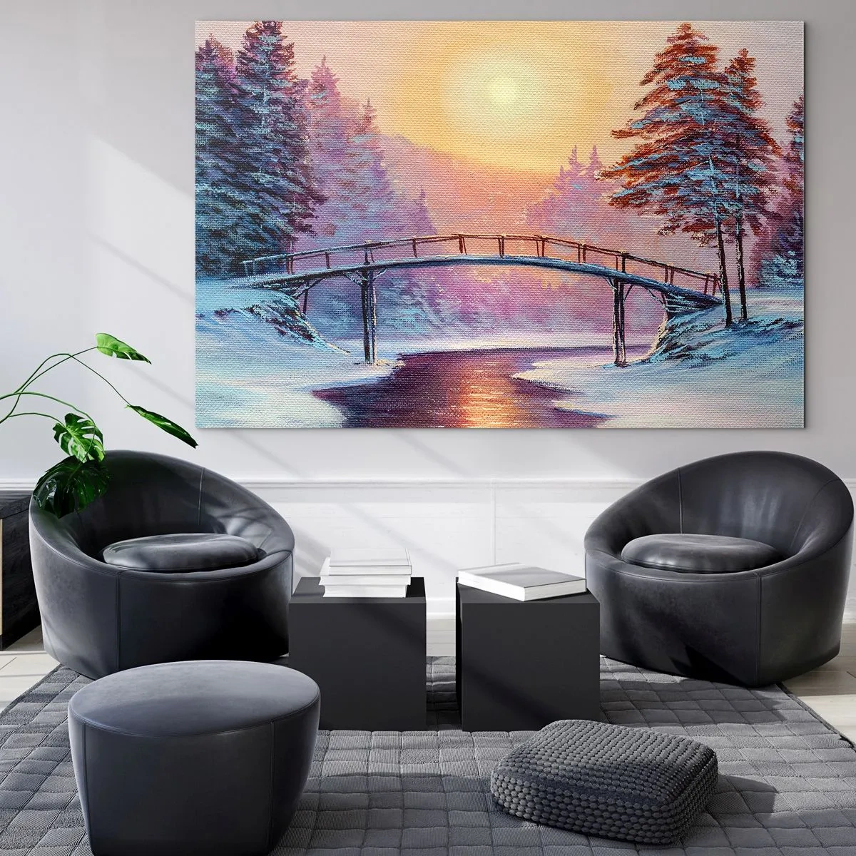 Glass picture - Winter landscape with a bridge over a river at sunset - 70x50cm - Four Seasons - Winter - Modern wall decoration for the living room and bedroom ARTTOR