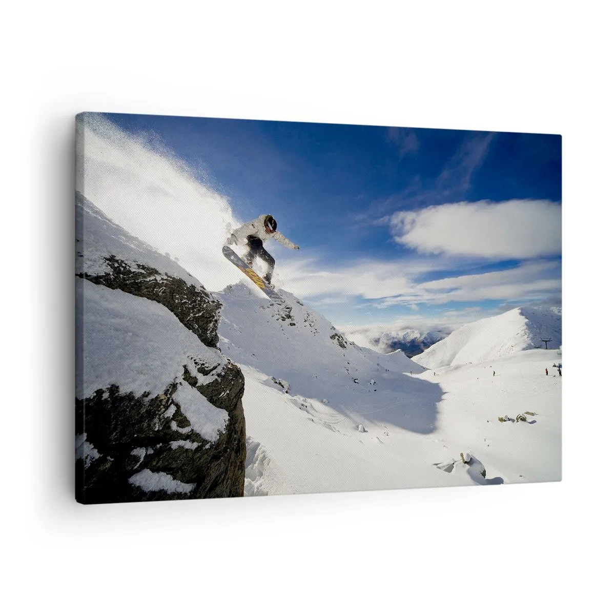 Canvas picture - A snowboarder jumps off a cliff with snow-capped mountains in the background. - 70x50cm - Freedom without Borders - Modern wall decoration for the living room and bedroom ARTTOR