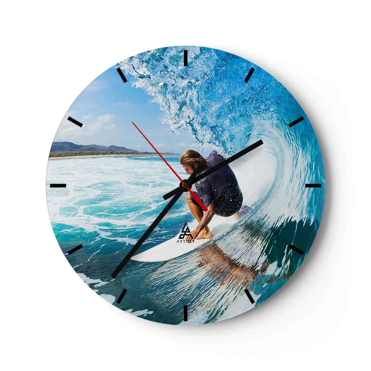 Wall clock - Clock on glass - Surfer in the water wave tunnel - 30x30cm - Dancing with Waves - Modern wall decoration for the living room, kitchen, and bedroom ARTTOR