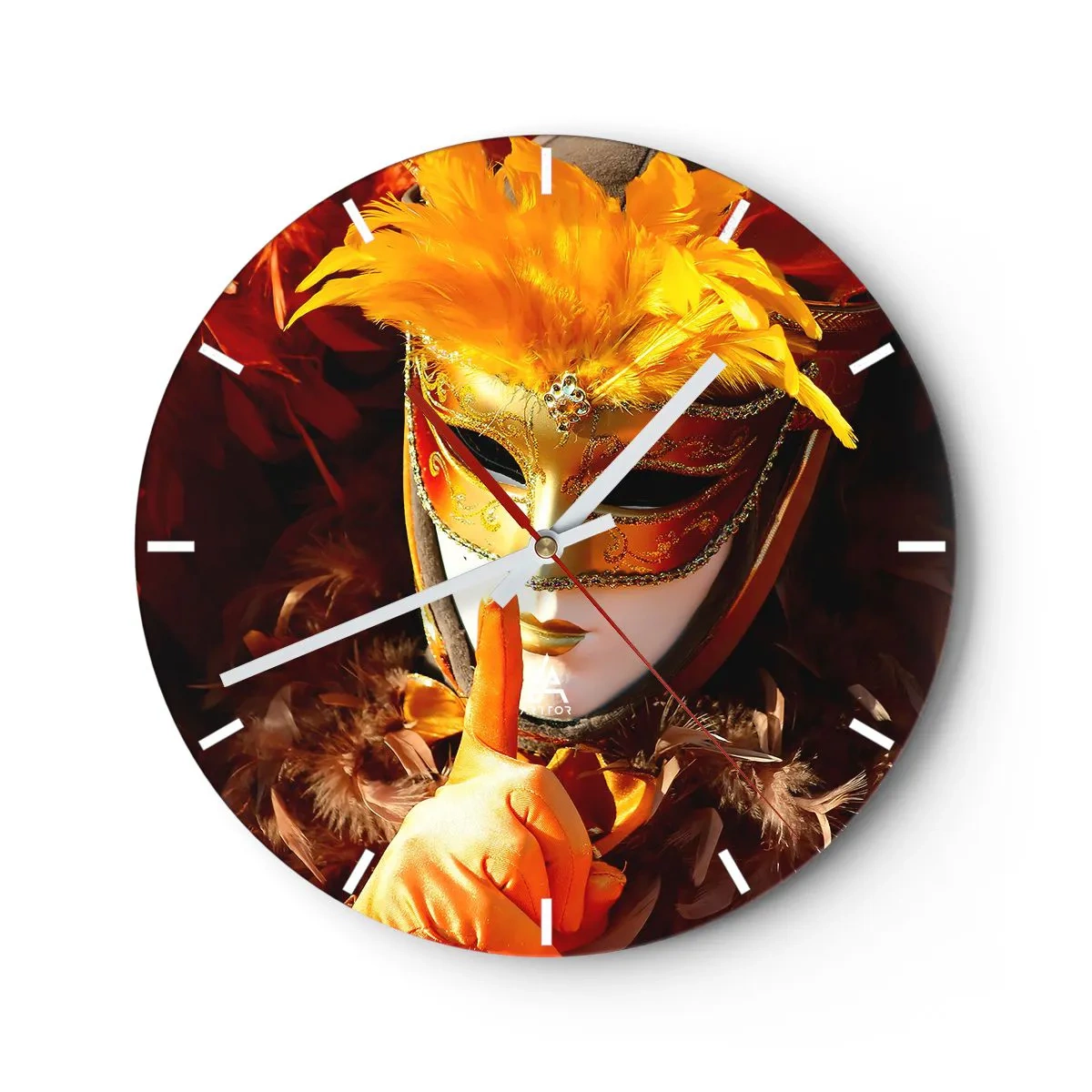 Wall clock - Clock on glass - Carnival mask with feathers in gold and orange - 30x30cm - Secret Is Part of the Game - Modern wall decoration for the living room, kitchen, and bedroom ARTTOR