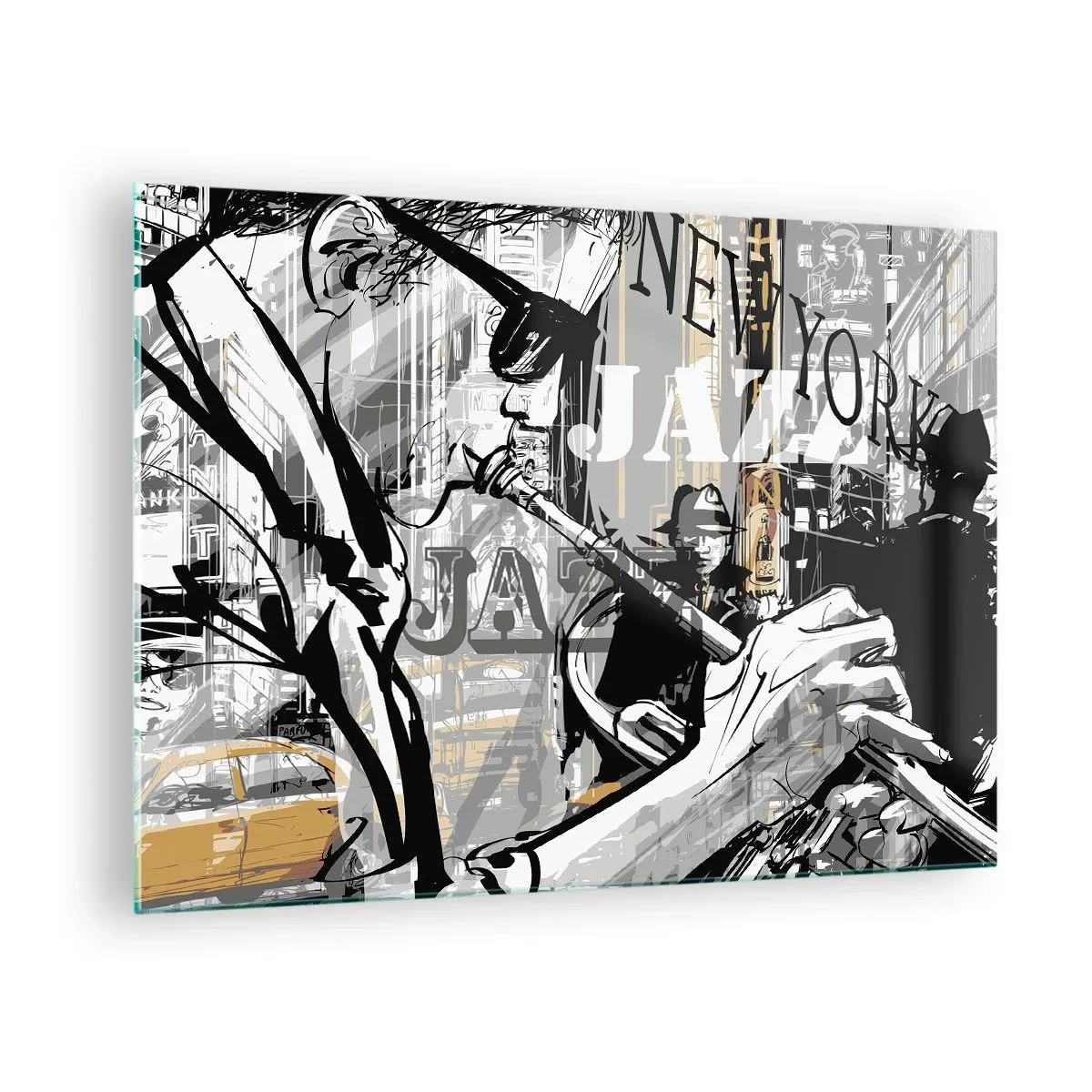 Glass picture - A stylish drawing of a jazz musician playing the trumpet in a New York setting. - 70x50cm - In the Rhythm of New York - Modern wall decoration for the living room and bedroom ARTTOR