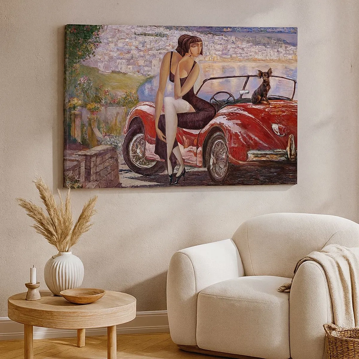 Canvas picture - A woman by a red car with a town in the background - 70x50cm - Summer? Only in Riviera - Modern wall decoration for the living room and bedroom ARTTOR