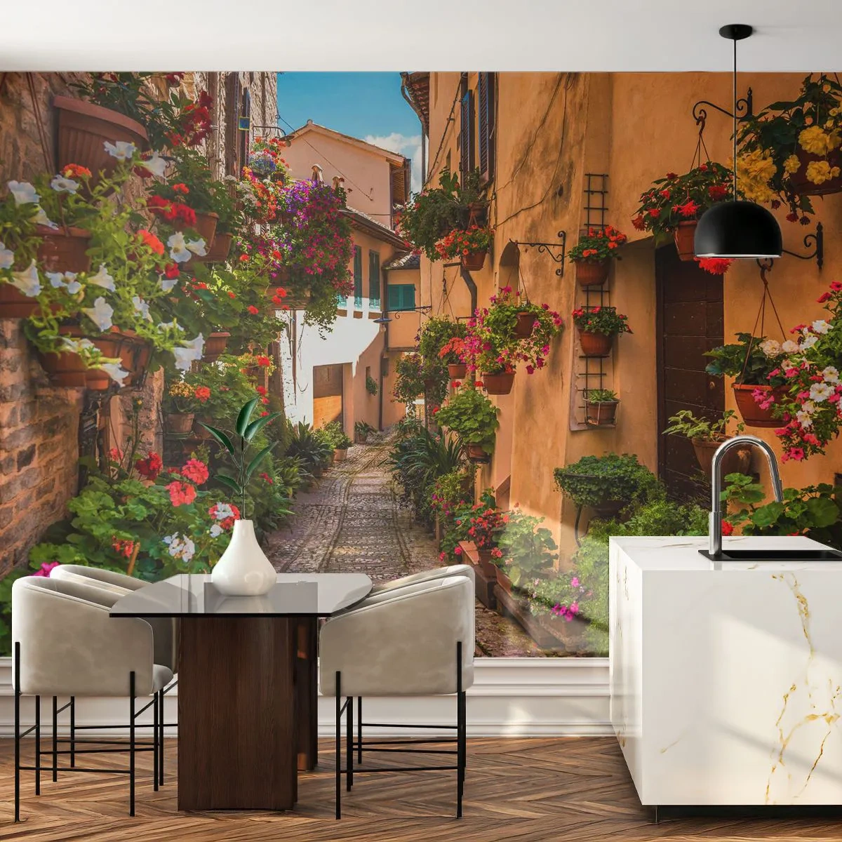Photo Wallpaper Premium Sand - Italian Back Street - City, Flowers, Architecture - 150x105 cm