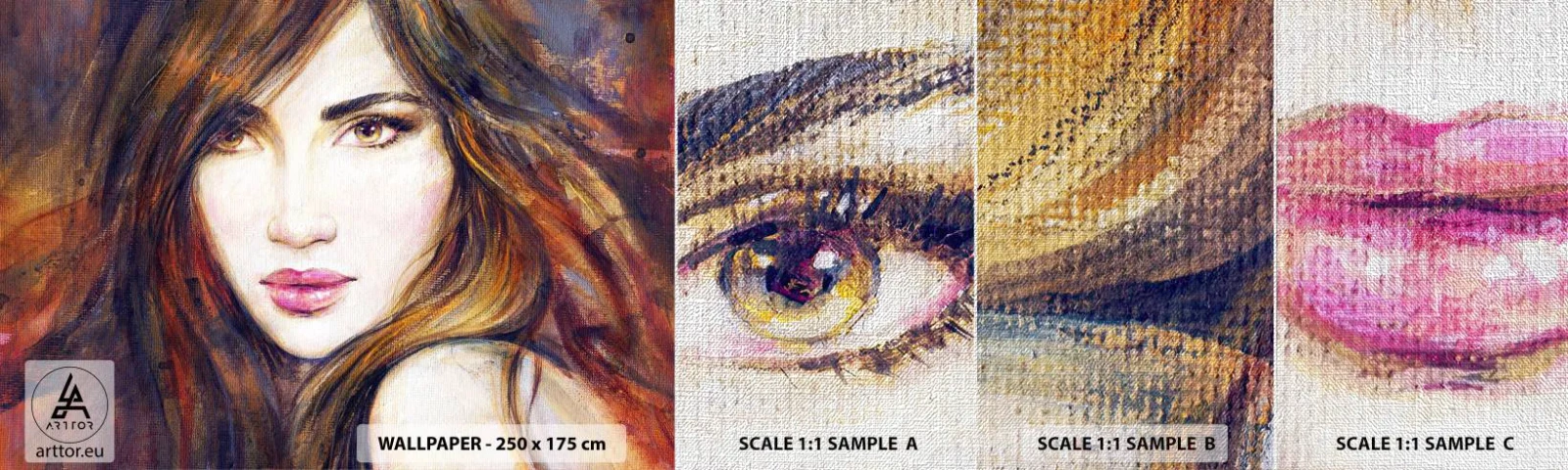 Photo Wallpaper Sample Premium Canvas - Penny for Your Thoughts - Woman's Face, Portrait of a Woman, Hair - 100x30 cm