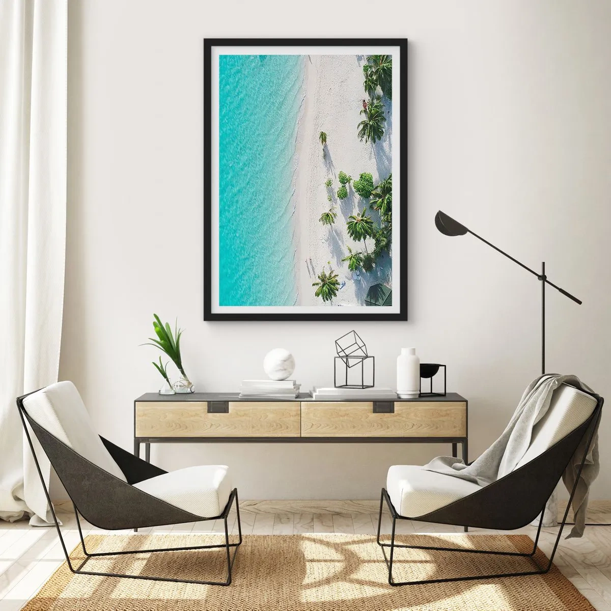 Poster in black frame - Aerial view of a tropical beach with palm trees and blue sea - 50x70cm - Holidays in Paradise - Modern wall decoration for the living room and bedroom ARTTOR