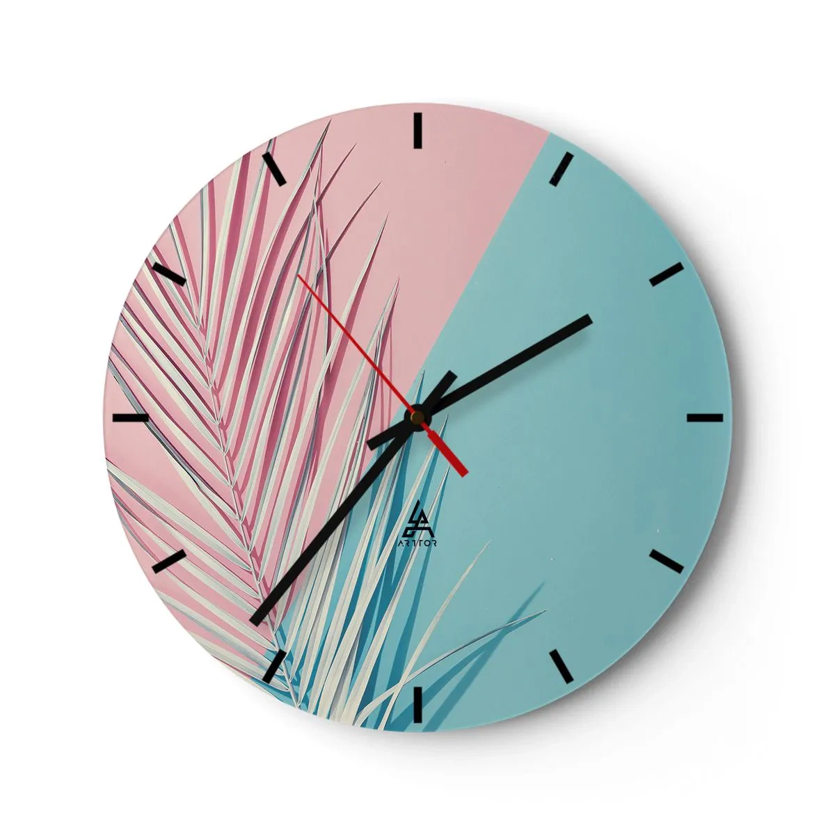 Wall clock - Clock on glass - Palm leaves on a pastel pink and blue background - 30x30cm - Tropical impression - Modern wall decoration for the living room, kitchen, and bedroom ARTTOR