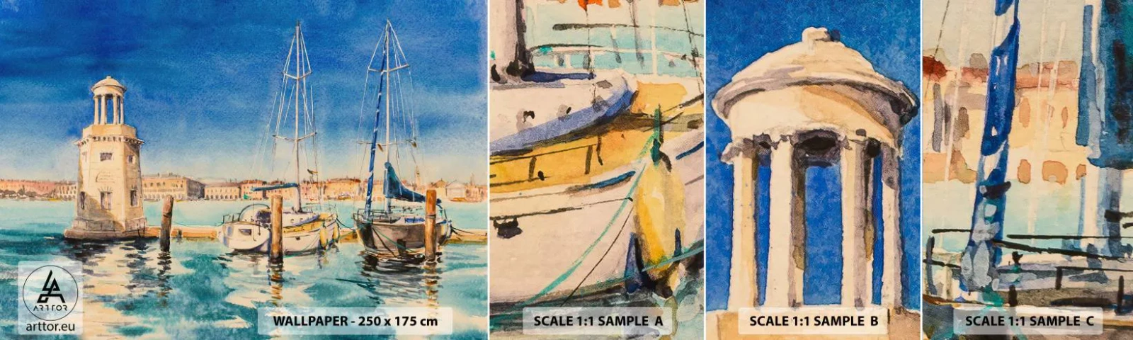 Photo Wallpaper Sample Standard Eco - Sunny Lagoon - Harbor, Landscape, Lighthouse - 100x30 cm