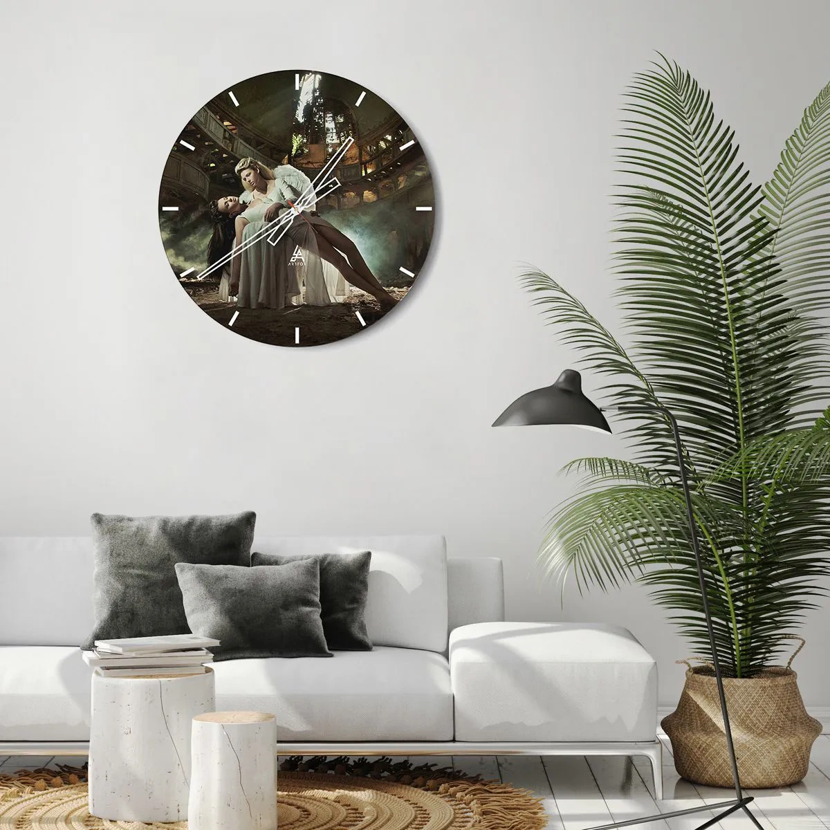 Wall clock - Clock on glass - The figure of an angel supporting a woman in the ruins of a building - 30x30cm - Spirit of Old Theatre - Modern wall decoration for the living room, kitchen, and bedroom ARTTOR