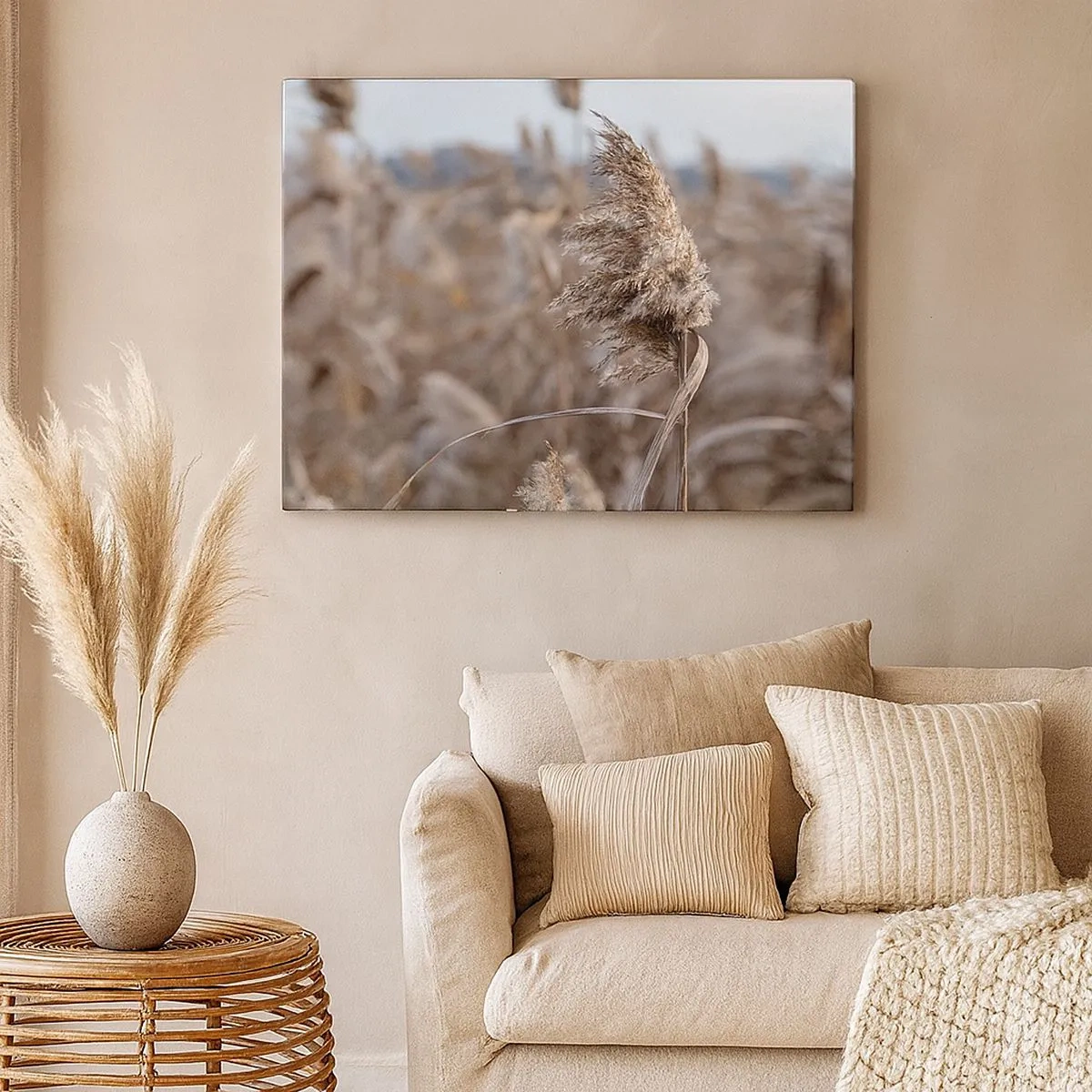 Canvas picture - Delicate grasses in shades of beige against the background of nature - 70x50cm - Time to Fly with the Wind - Modern wall decoration for the living room and bedroom ARTTOR