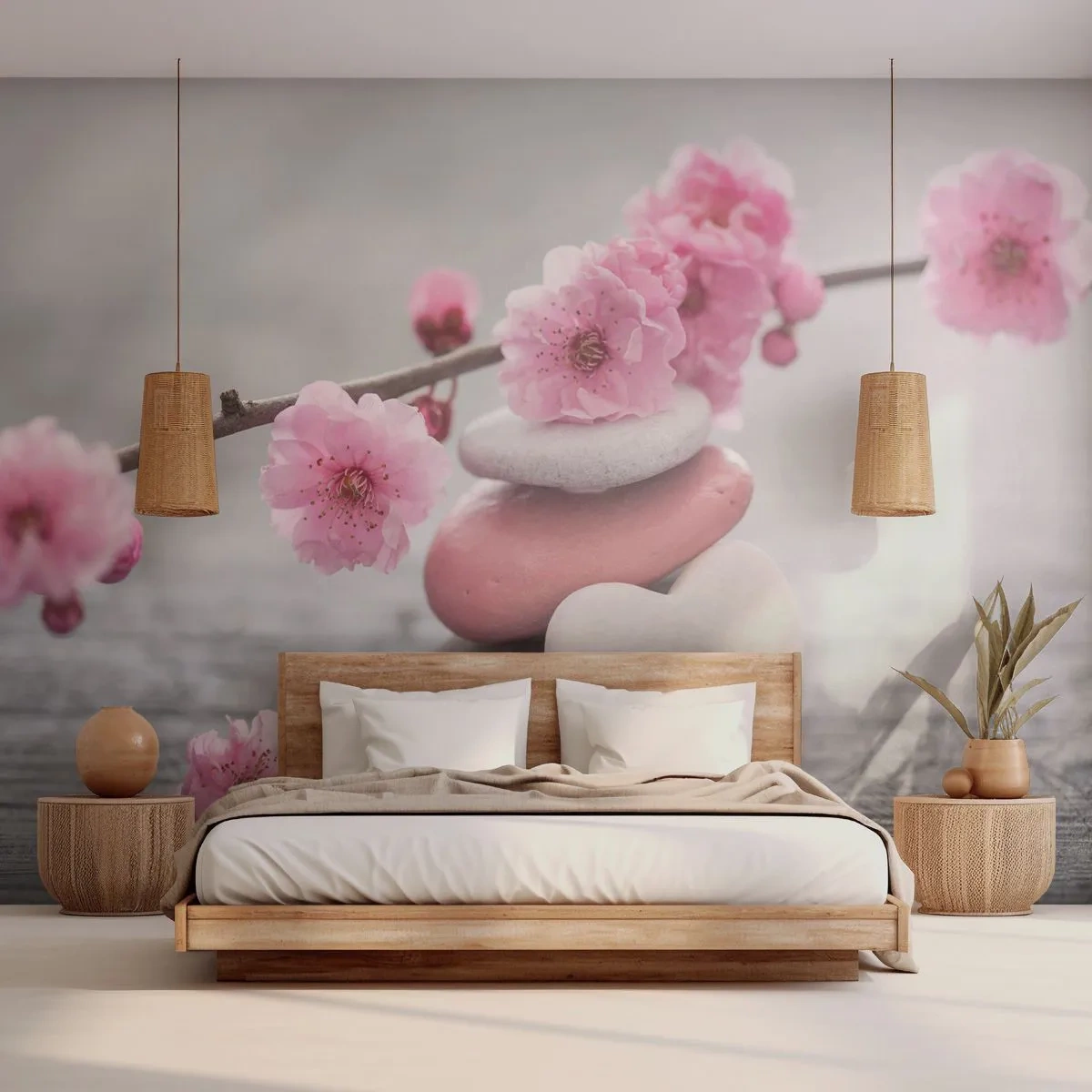 Self-Adhesive Photo Wallpaper Deluxe Sticker - Bliss with Cherry Blossom - Heart, Flower, Stones - 350x256 cm