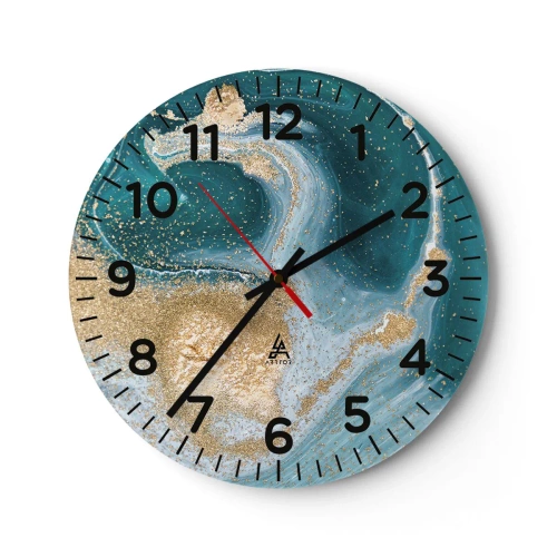 Wall clock - Clock on glass - Swirl of Gold and Turquiose - 30x30 cm