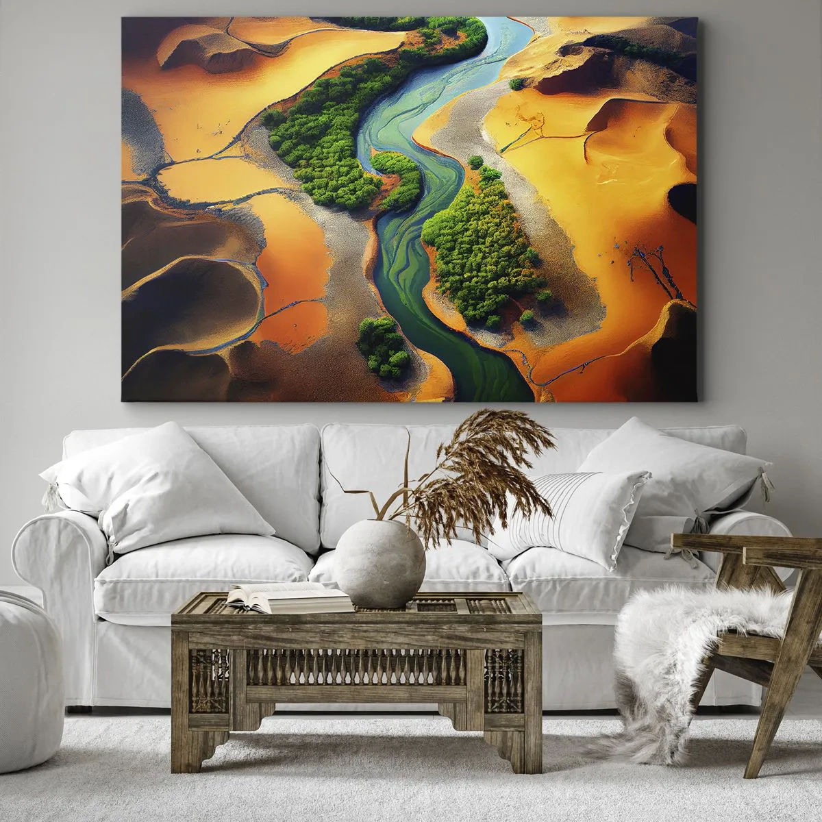 Canvas picture - A green river surrounded by golden sands and vegetation - 70x50cm - Life-giving River - Modern wall decoration for the living room and bedroom ARTTOR