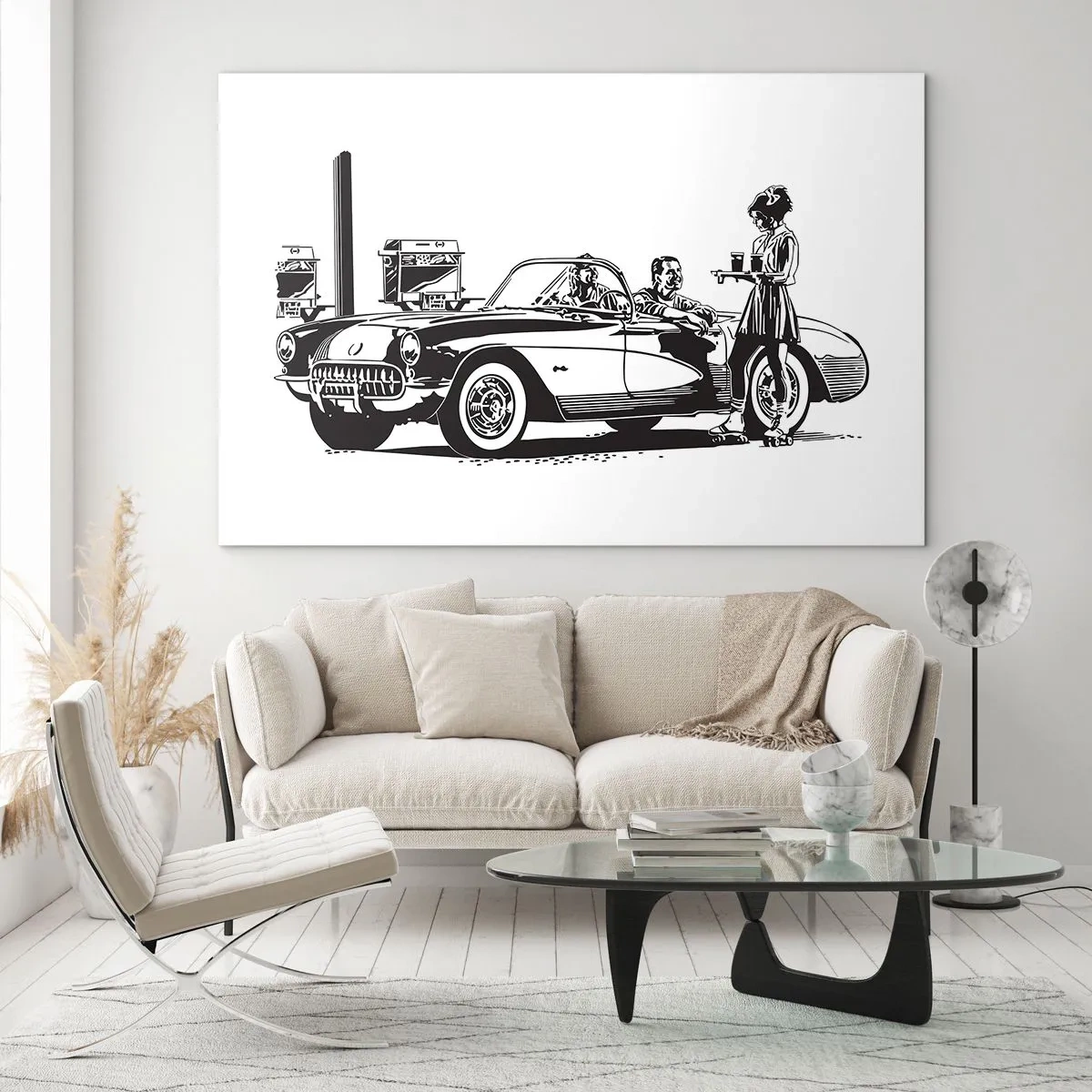 Glass picture - Creative graphics with a classic car and characters - 70x50cm - Careless America in the 60-ies - Modern wall decoration for the living room and bedroom ARTTOR