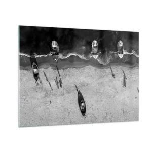 Glass picture - Black and white boats and their shadows on a sandy beach seen from above - 70x50cm - Still on the Shore… - Modern wall decoration for the living room and bedroom ARTTOR