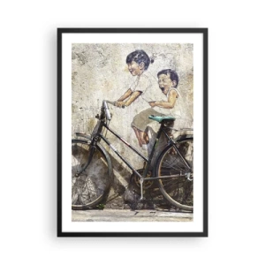 Poster in black frame - A street art mural of children on a bike - 50x70cm - True or False? - Modern wall decoration for the living room and bedroom ARTTOR