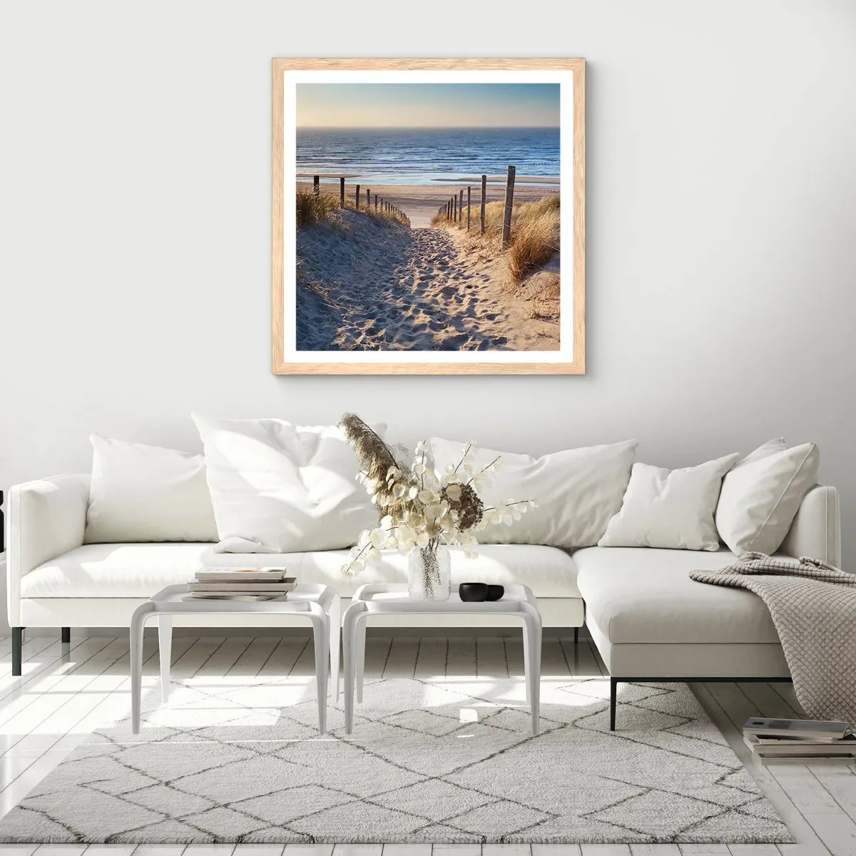 Poster in light oak frame - Sound of the Sea, Singing of the Birds, Wild Beach among Grass - 40x40 cm