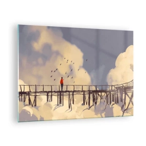 Glass picture - A man on a wooden bridge surrounded by clouds - 70x50cm - Blue Longing - Modern wall decoration for the living room and bedroom ARTTOR