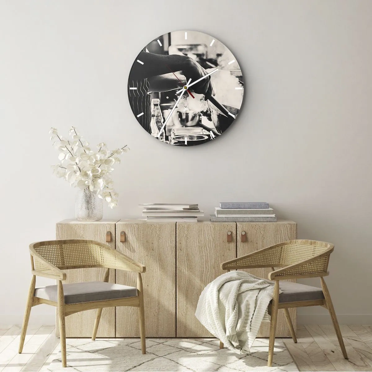 Wall clock - Clock on glass - A chef at work in the kitchen surrounded by steam - 30x30cm - Alchemy of Flavours - Modern wall decoration for the living room, kitchen, and bedroom ARTTOR