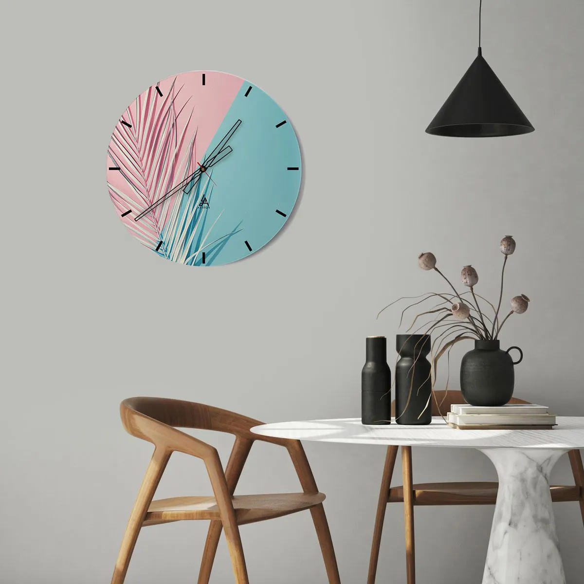 Wall clock - Clock on glass - Palm leaves on a pastel pink and blue background - 30x30cm - Tropical impression - Modern wall decoration for the living room, kitchen, and bedroom ARTTOR