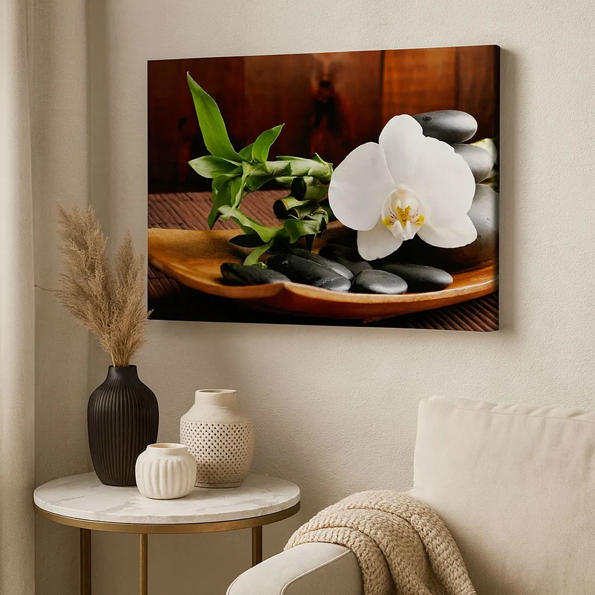 Canvas picture - White orchid with bamboo against a Zen-style stone background - 70x50cm - Let Nature Touch You - Modern wall decoration for the living room and bedroom ARTTOR
