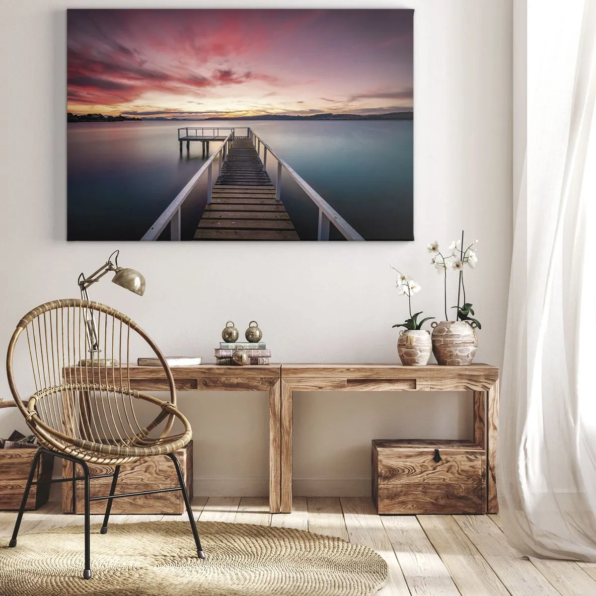 Canvas picture - A jetty leading to a tranquil lake at sunset - 70x50cm - Mild Flame of an Evening - Modern wall decoration for the living room and bedroom ARTTOR
