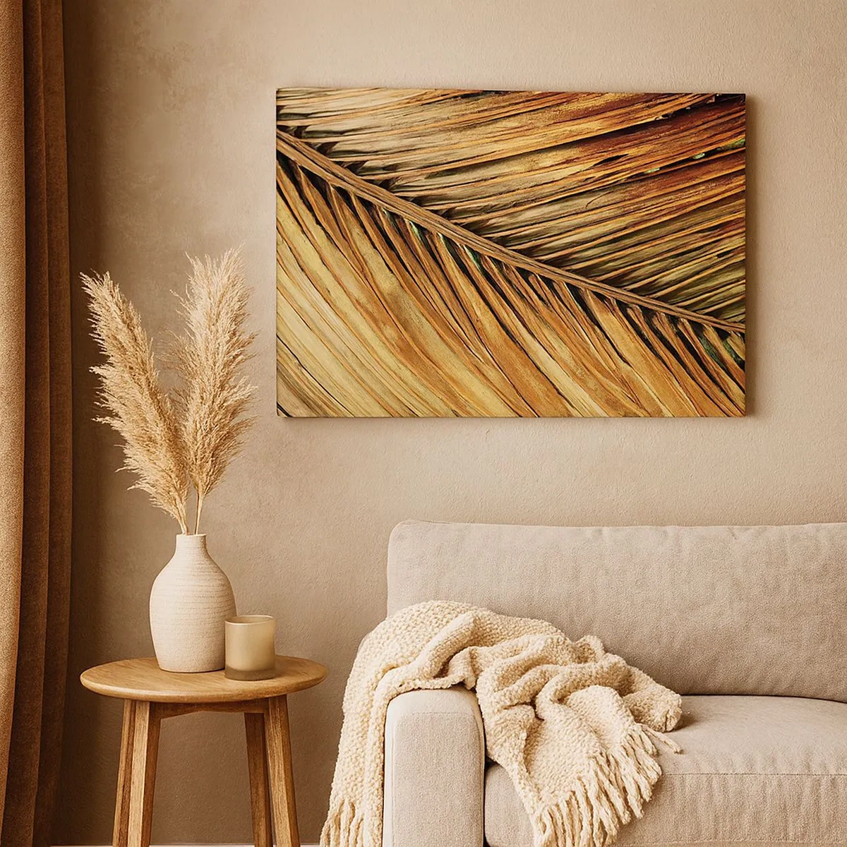 Canvas picture - Close-up of a dry palm leaf in warm tones - 70x50cm - Coconut Gold - Modern wall decoration for the living room and bedroom ARTTOR