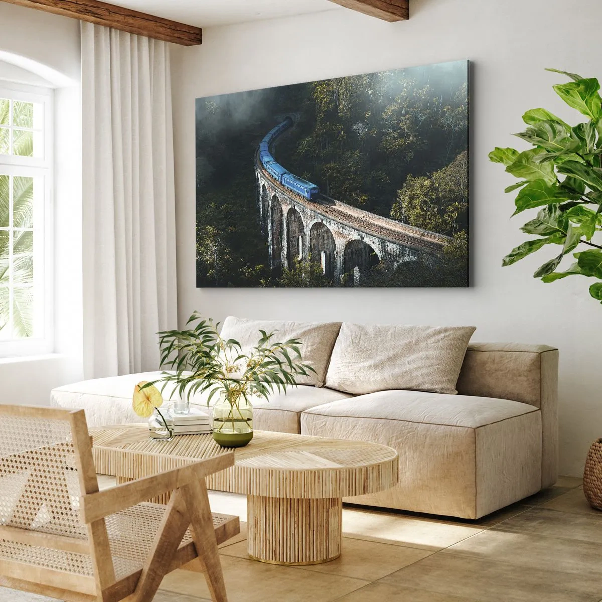 Canvas picture - A blue train on a historic viaduct among the forests - 70x50cm - Train through Nature - Modern wall decoration for the living room and bedroom ARTTOR