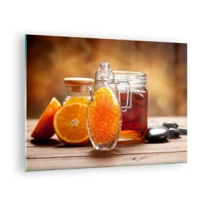 Glass picture - A bottle of oil and an orange on a wooden table - 70x50cm - Sunny Flavours and Aromas - Modern wall decoration for the living room and bedroom ARTTOR