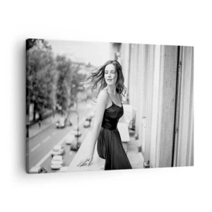Canvas picture - Black and white photo of a woman on a balcony - 70x50cm - Certainly a Parisian  - Modern wall decoration for the living room and bedroom ARTTOR