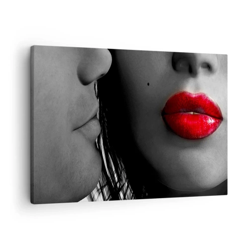 Canvas picture - Close-up of the faces of a woman and a man with red lips. - 70x50cm - Face by Face - Modern wall decoration for the living room and bedroom ARTTOR