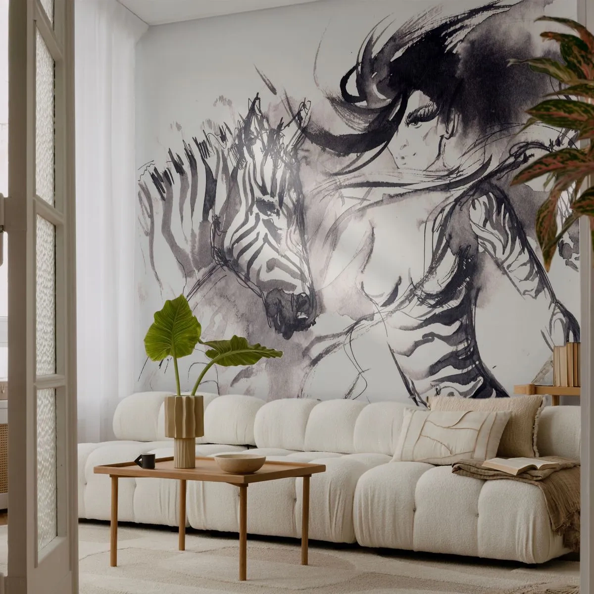 Photo Wallpaper Premium Canvas - Dancing With Zebras - Abstraction, Woman, Ribs - 400x280 cm