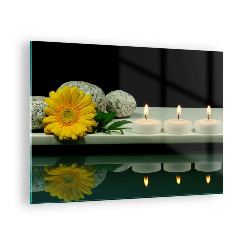 Glass picture - Candles, stones and a yellow flower reflected in the water - 70x50cm - Soothing of the Senses - Modern wall decoration for the living room and bedroom ARTTOR