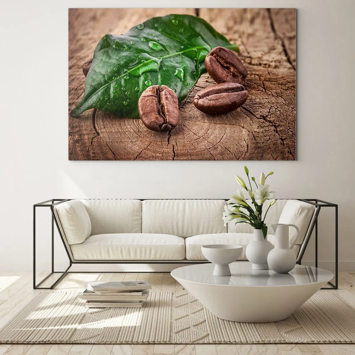 Glass picture - Coffee beans on a leaf and wood background - 70x50cm - Really Black - Modern wall decoration for the living room and bedroom ARTTOR