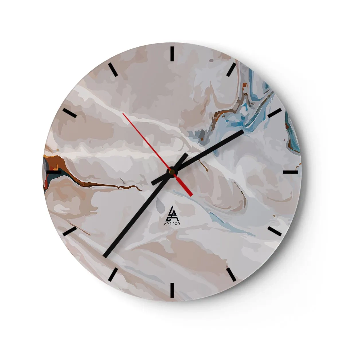 Wall clock - Clock on glass - An abstract pattern with hints of blue and brown on a light background. - 30x30cm - Blue Meanders under White - Modern wall decoration for the living room, kitchen, and bedroom ARTTOR