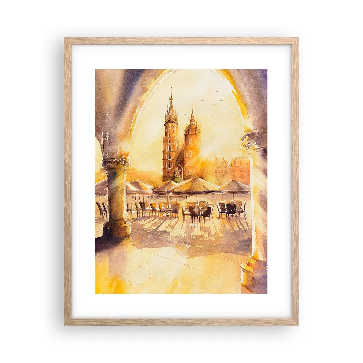 Poster in light oak frame - Sunrise over a Crocow Market - 40x50 cm
