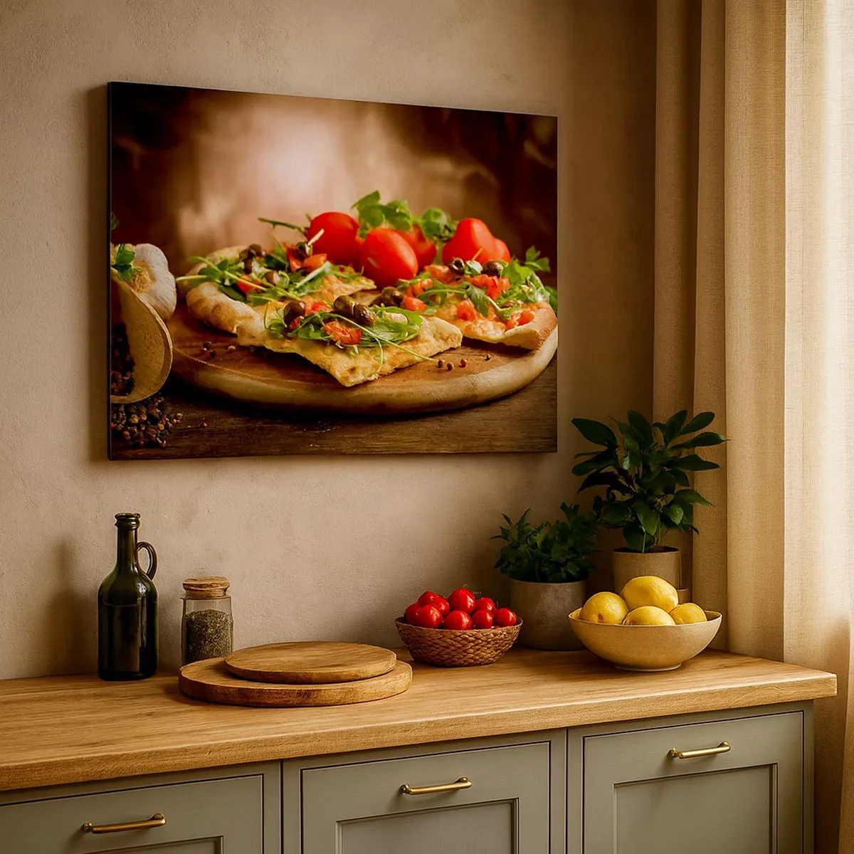 Canvas picture - Pizza with vegetables on a wooden board in a rustic style - 70x50cm - Straight from the Oven and Garden - Modern wall decoration for the living room and bedroom ARTTOR