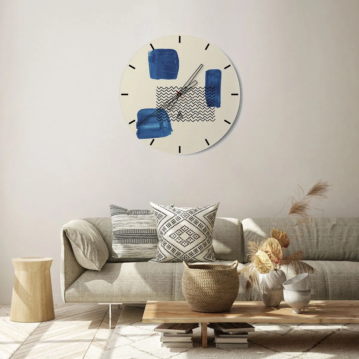 Wall clock - Clock on glass - Abstract composition with blue shapes and patterns - 30x30cm - Abstract Quartet - Modern wall decoration for the living room, kitchen, and bedroom ARTTOR